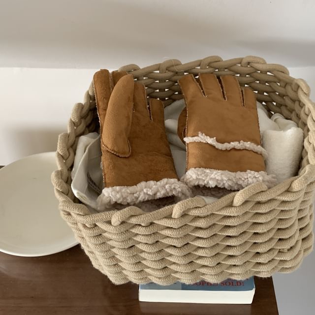 Fluffy Faux Trim Gloves Suede Plain