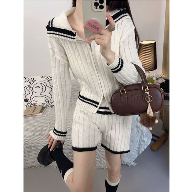 Set: Two-Tone Cable Knit Zip Cardigan & Elastic Waist Shorts
