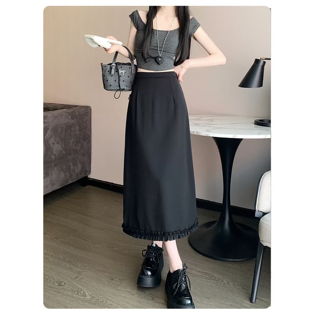 Rise Skirt Slit Ruffle A-Line Trim Plain High Midi