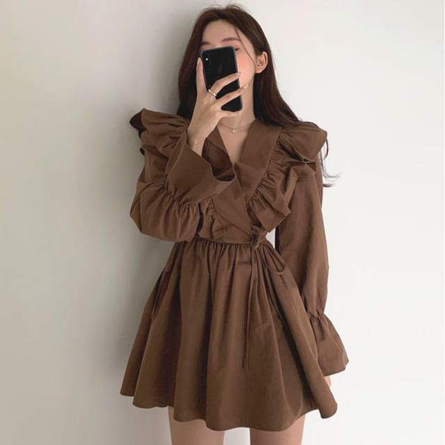 A-Line Collared V-Neck Long-Sleeve Dress Plain Mini
