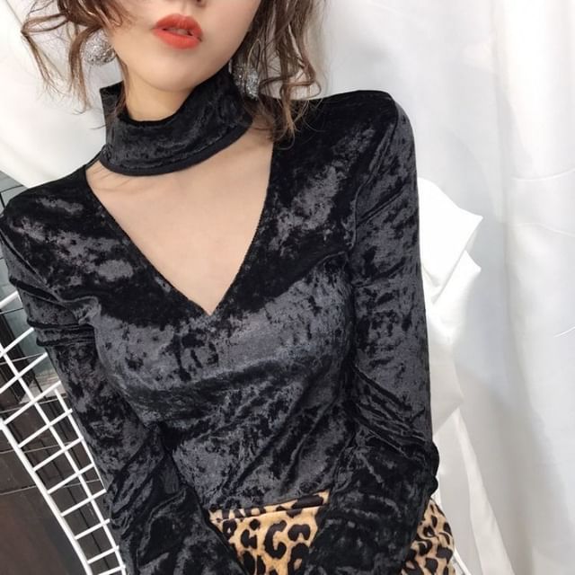 Mesh Velvet Neck Panel Top Long-Sleeve Mock