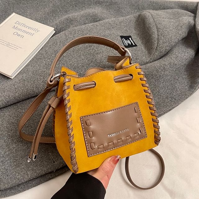 Drawstring Leather Applique Bucket Bag Faux