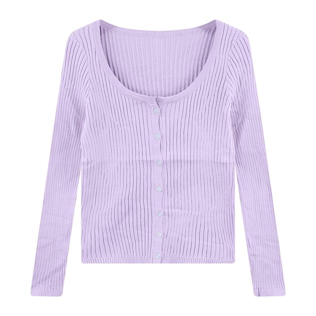 Ribbed Cropped Button-Up Cardigan - Long Sleeve