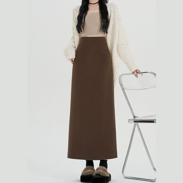 Back Midi Waist Plain Slit Skirt High A-Line