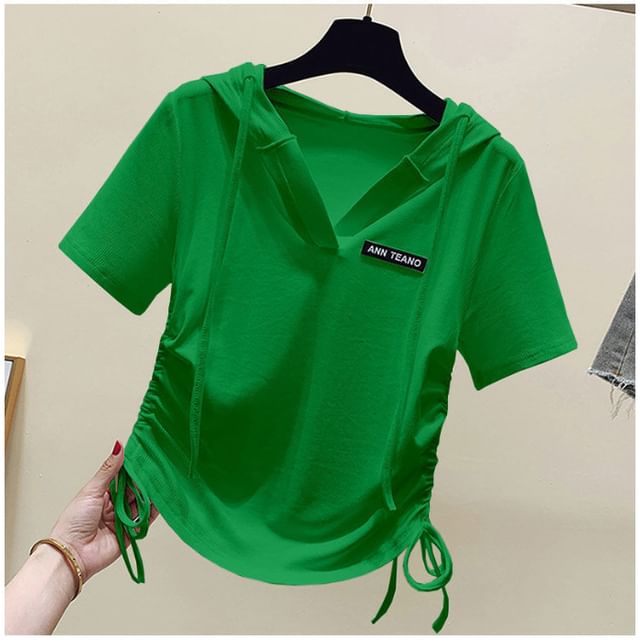 Short-Sleeve Lettering Tee Drawstring V-Neck