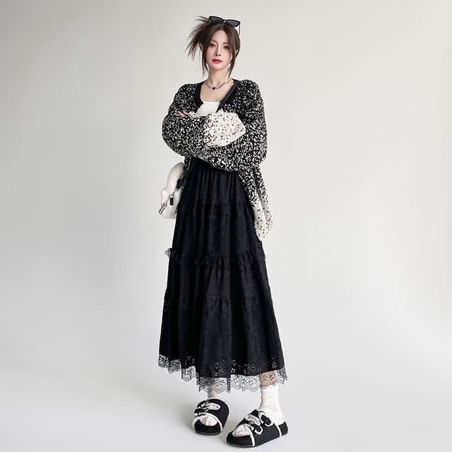 Panel High Lace Plain A-Line Waist Skirt Midi