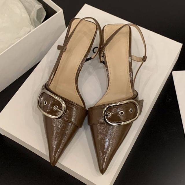 Kitten Heel Pointed Toe Plain Buckled Slingback Sandals