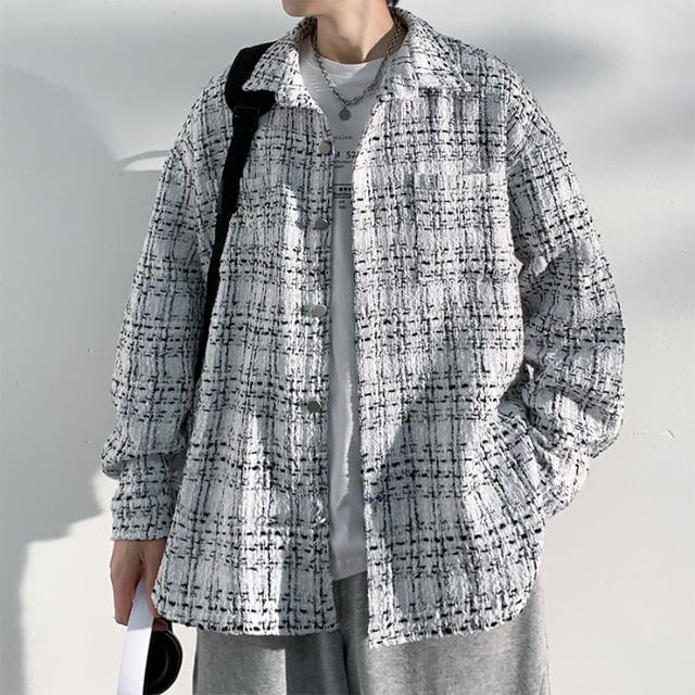 Collared Drop Shoulder Tweed Button Jacket