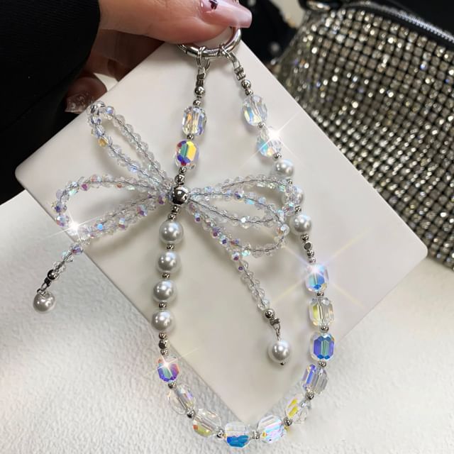 with Lanyard Pad Pearl Phone Faux Strap Bow Crystal