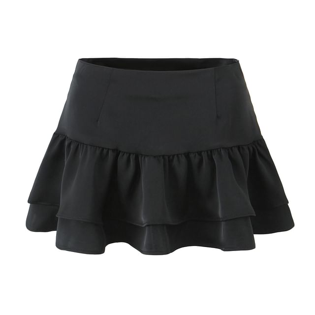 V-Neck Puff Sleeve Lace-Up Blouse & Layered Mini Skirt Set