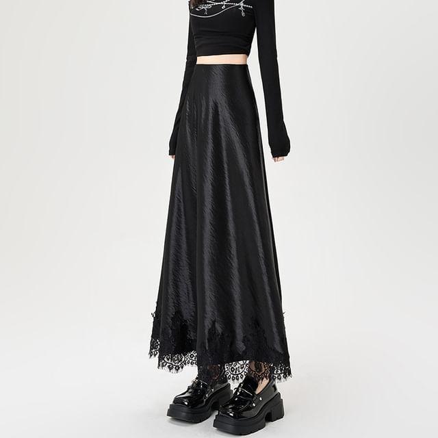 Satin A-Line Maxi Skirt with Lace Panel and High Waist