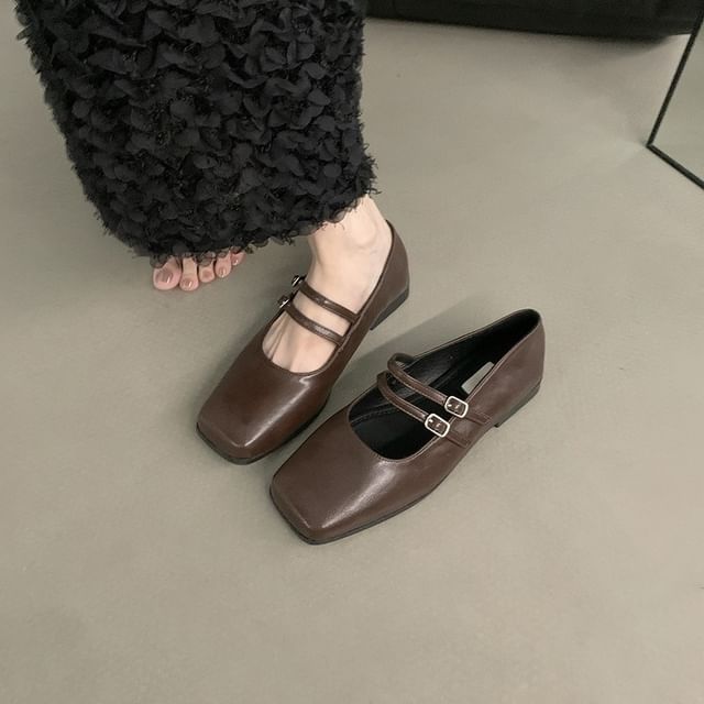 Toe Jane Mary Square Double Shoes Faux Leather Strap