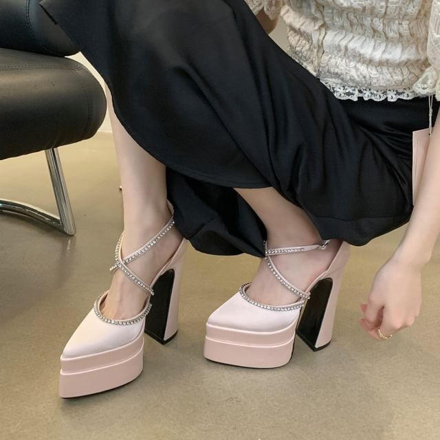 D'Orsay Chunky Pumps Toe Rhinestone Accent Heel Pointed