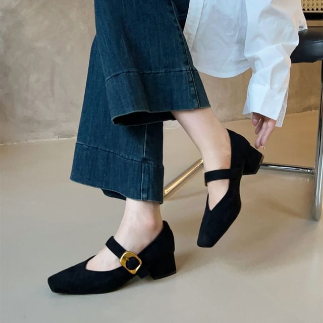 Chunky Buckled Mary Suede Pumps Jane Faux Heel