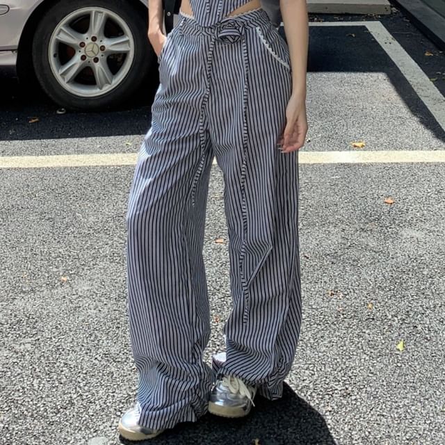 Top Wide Mid Waist Striped Leg / Tube Pants Strapless