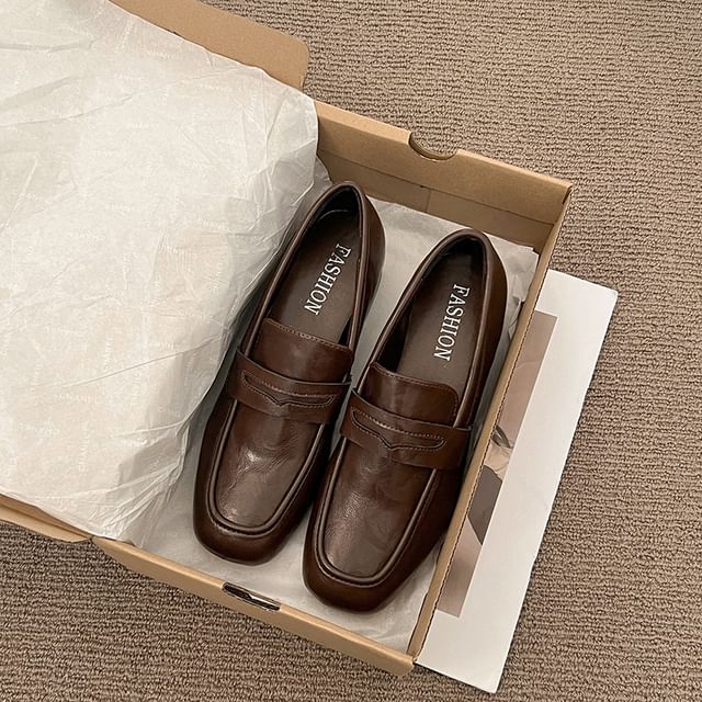 Chunky Plain Penny Leather Heel Faux Loafers