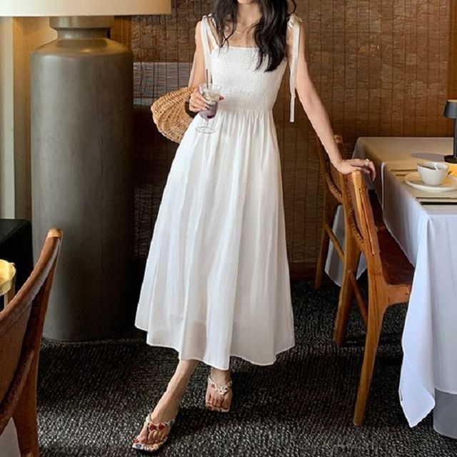 A-Line Plain Shoulder Dress Tie Maxi