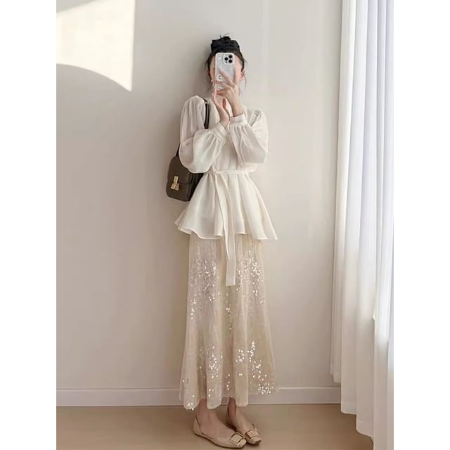 Long-Sleeve Collared Crepe Blouse Paired with Sequin Flared Midi Skirt
