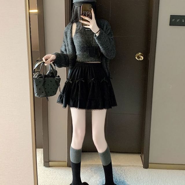 Waist Elastic Bow Skirt Ruffle A-Line Mini Plain