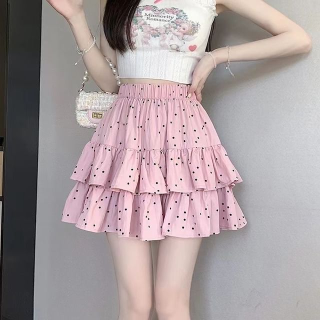 Polka-Dot Mini Flared Skirt with Ruffled Hem and Stretch Waist