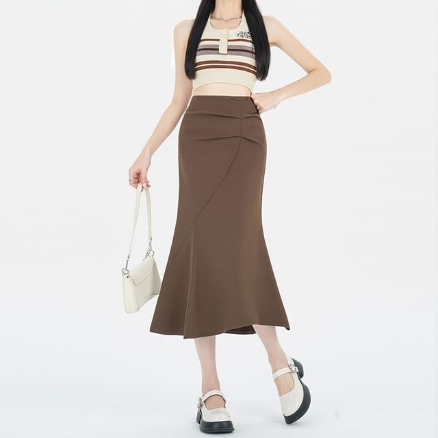 Ruched Fishtail Midi Skirt with High-Rise Waist