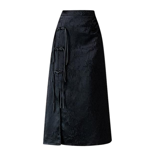 Waist A-Line Button Midi Jacquard High Slit Frog Skirt Floral