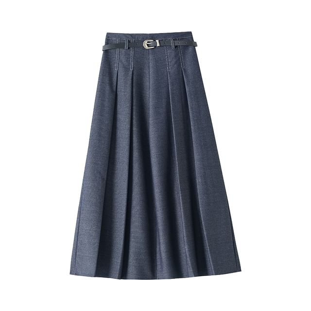 Pleated Denim Flared Midi Skirt with High Waist