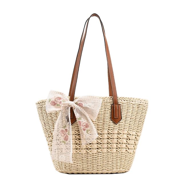 Bag Embroidered Bow Lace Tote Floral Woven