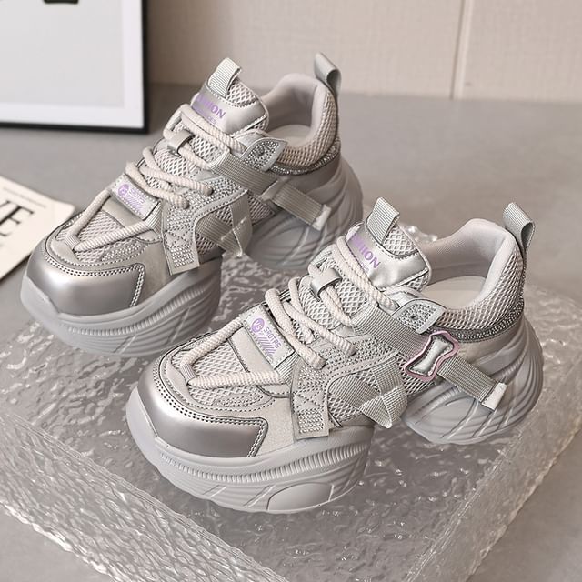 Lace-Up Platform Mesh Panel Rhinestone Sneakers Faux Leather