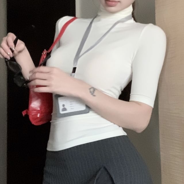 Short-Sleeve Skort Turtleneck High Slim Waist Mini Fit A-Line Striped Tee / Slit Plain