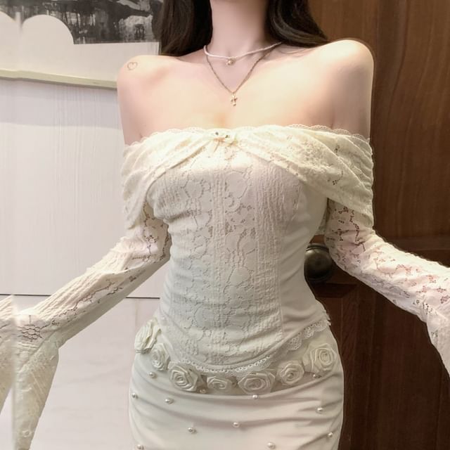 Floral Panel Long-Sleeve Slim Top / Mini Pencil Crop Lace High Rise Accent Off-Shoulder Skirt Fit