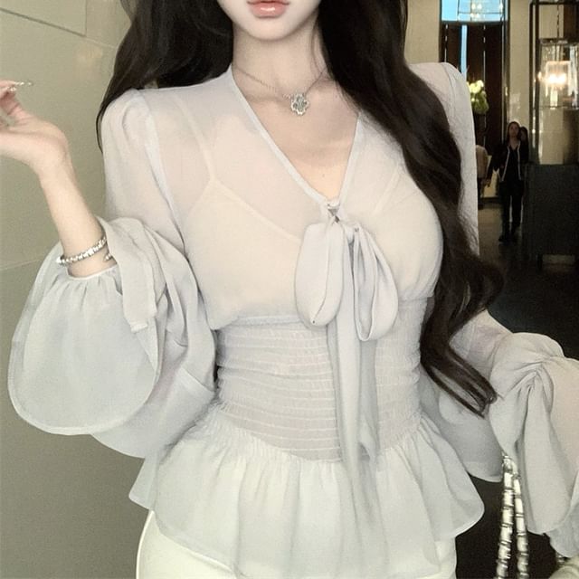 + V-Neck Plain Long Set: Camisole Bow Top Sleeve Blouse Peplum