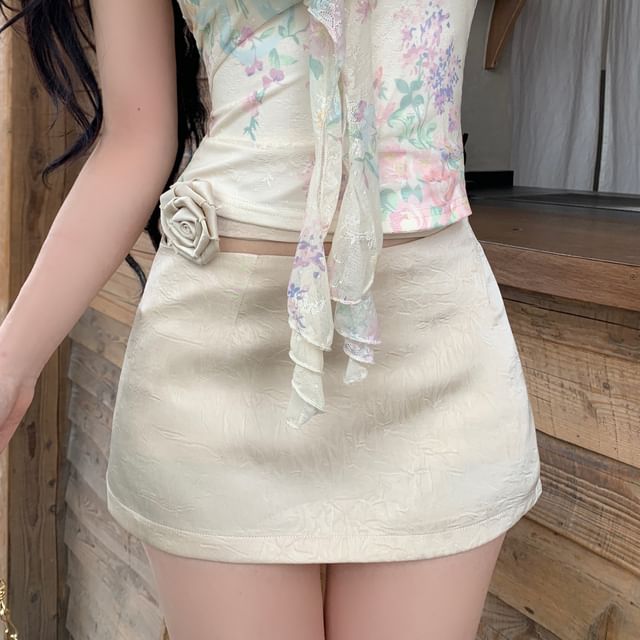 Skirt / Neck Print Top Crop Halter Mini