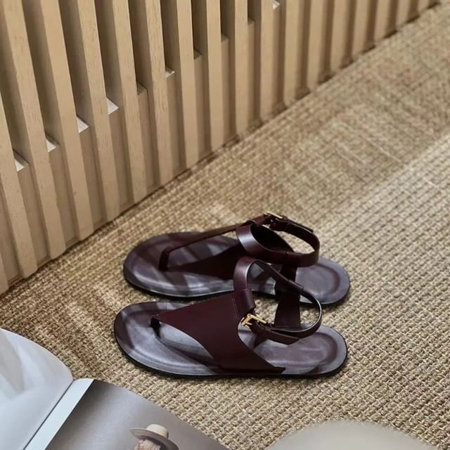 Plain Genuine Leather Slingback Thong Sandals