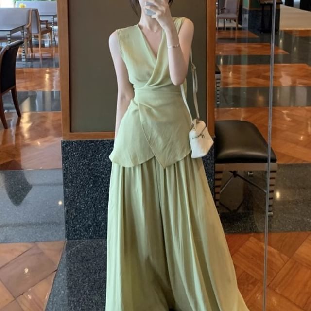 Set: + Skirt Top Plain A-Line V-Neck Waist Tank Elastic Maxi Asymmetrical