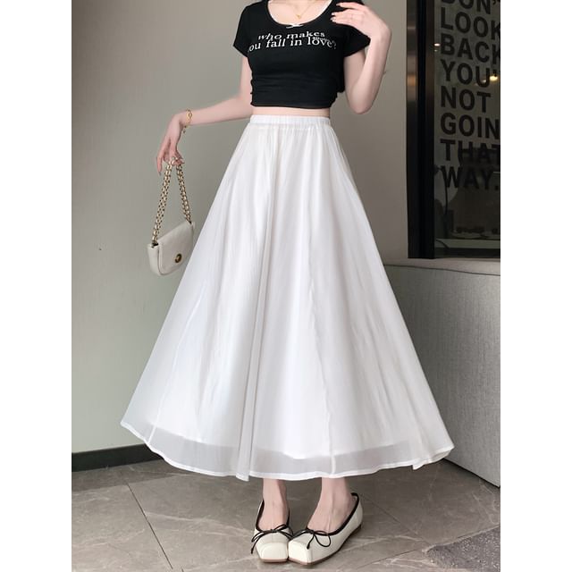 Mesh Rise Skirt A-Line Midi Plain High