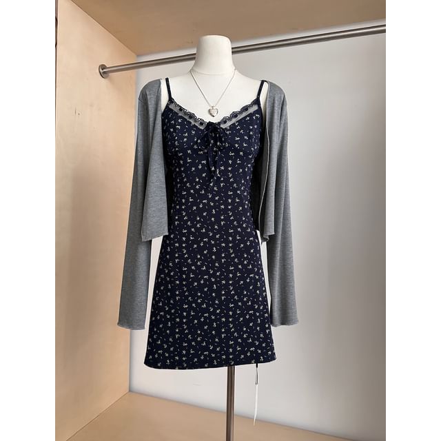 (Various Spaghetti Front Designs) Strap Lace A-Line Floral Dress Open V-Neck Set: Plain + Trim Print Cardigan