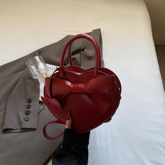 Faux Bag Leather Bow Handle Heart Top Crossbody