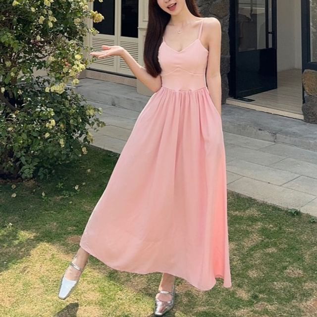 V-Neck Plain A-Line Maxi Dress with Spaghetti Straps