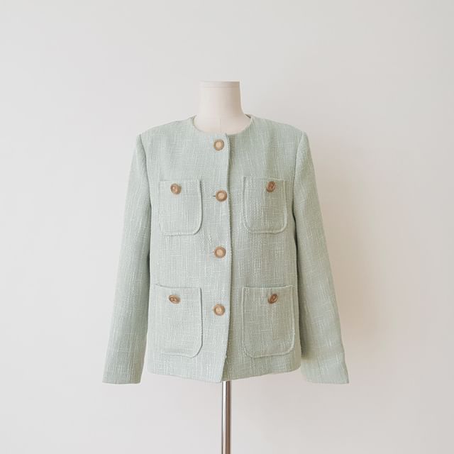 Round Neck Pocket Tweed Button Jacket