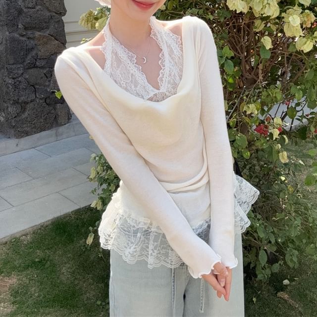 Halter Tee Long-Sleeve Two-Piece Panel Lace Slim Fit Mock