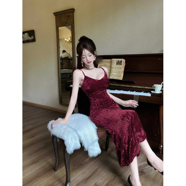 Velvet Midi Mermaid Dress with Sash and Spaghetti Straps