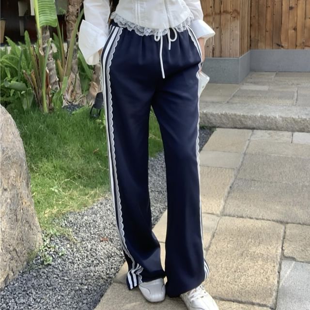 Waist Cold Fit Shoulder Blouse Lace Striped / Drawstring Loose Pants Trim Zip-Up Crop Long-Sleeve