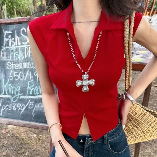 Collared Top Zipped Crop Sleeveless Plain Slim Slit Fit