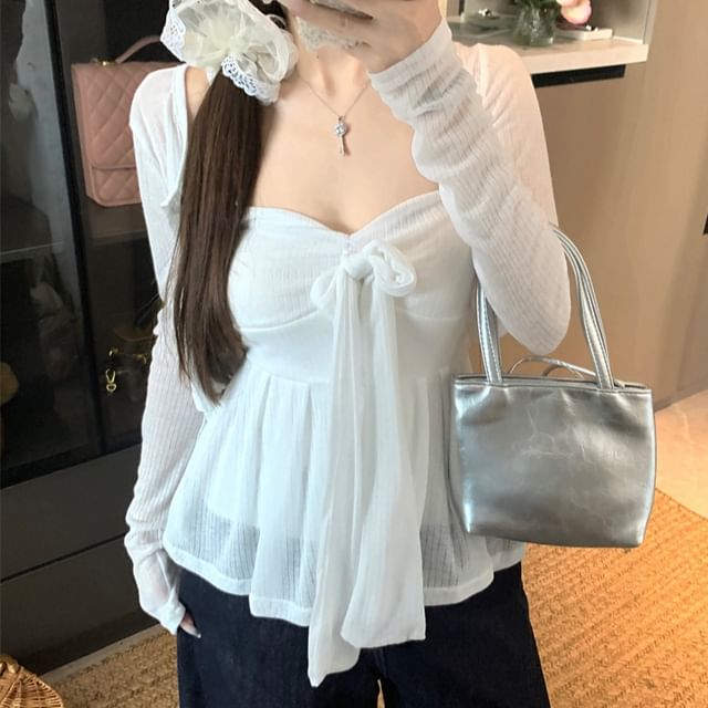 Bow Cardigan Plain Sweetheart Accent Crop Neck Top Button-Up / Tube Neckline Flowy Round