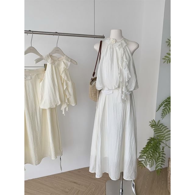 Blouse + Set: Rise Plain Halter Skirt High A-Line Ruffle Midi