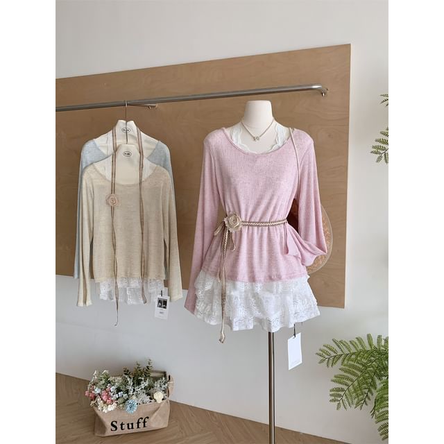 Neck Trim Long-Sleeve Plain Tee Round Lace