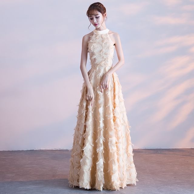 Gown Halter-Neck A-Line Feather Evening