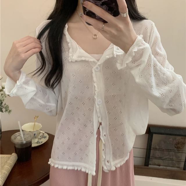 Pointelle Lettuce Knit Cardigan Edge Plain