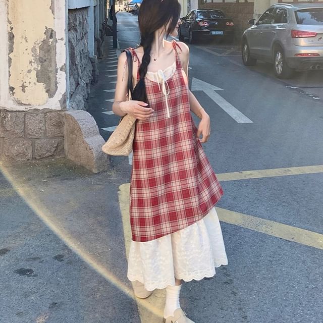 Plaid Lace Trim Mock Two-Piece Maxi Sundress with Spaghetti Straps